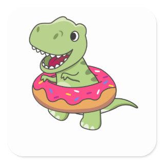 Sweet Dino T-Rex Funny Animals In Donut Pink Square Sticker