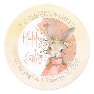 Sweet Floral Bunny Happy Easter Return Address Classic Round Sticker