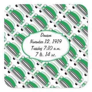 Sweet Green Retro Car Baby Shower Announcement Square Sticker