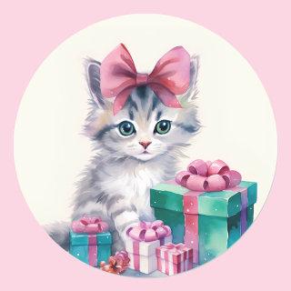 Sweet Kitty Cat Big Pink Bow Classic Round Sticker