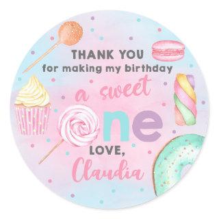 Sweet One girl birthday thank you circle sticker. Classic Round Sticker