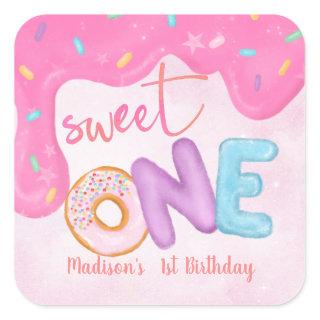 Sweet One Pink Frosting Girl's First Birthday Square Sticker
