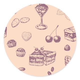 Sweet pattern with various desserts. classic round sticker
