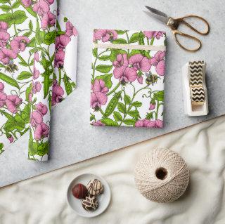 Sweet peas and bumblebees, pink, green and white