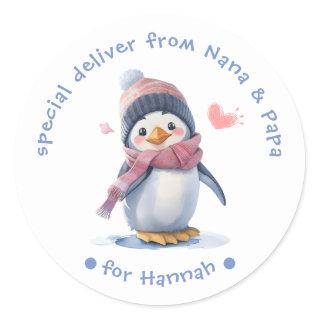 Sweet Pink Baby Penguin Christmas Label for Kids