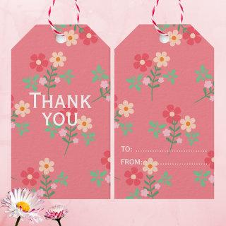 Sweet Pink Daisy Bouquet Retro Pattern Thank You Gift Tags