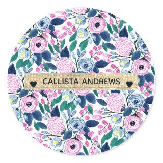 Sweet Pink Navy Flowers Watercolor Gold Monogram Classic Round Sticker