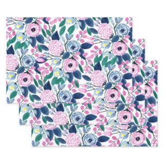 Sweet Pink Navy Flowers Watercolor Pattern  Sheets