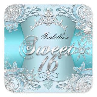 Sweet Sixteen Sweet 16 Teal snowflake Silver 2 Square Sticker