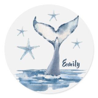 Sweet Whale In The Sea With Name Classic Round Sticker