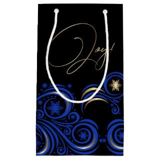Swirls and Snowflakes Border Blue and Gold JOY Small Gift Bag