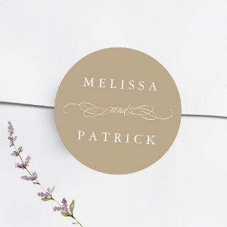 Swirly And Script Wedding Tan Classic Round Sticker