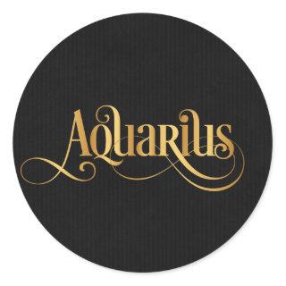 Swirly Script Zodiac Sign Aquarius Gold on Black Classic Round Sticker