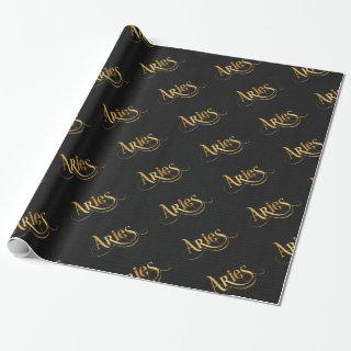 Swirly Script Zodiac Sign Aries Gold on Black