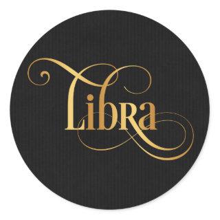 Swirly Script Zodiac Sign Libra Gold on Black Classic Round Sticker
