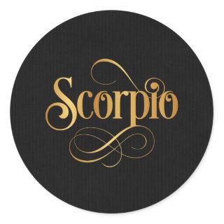 Swirly Script Zodiac Sign Scorpio Gold on Black Classic Round Sticker