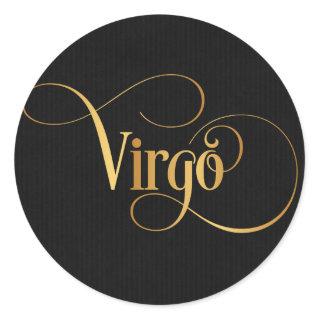 Swirly Script Zodiac Sign Virgo Gold on Black Classic Round Sticker