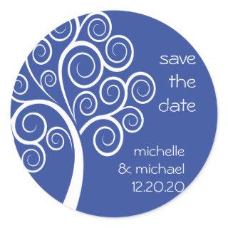 Swirly Tree Save The Date Sticker (Navy Blue)