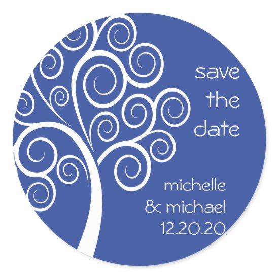 Swirly Tree Save The Date Sticker (Navy Blue)