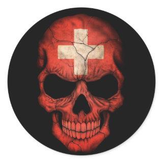 Swiss Flag Skull on Black Classic Round Sticker