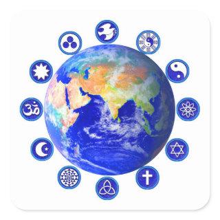 Symbols of Peace and Unity Around Planet Earth Square Sticker