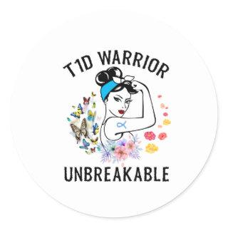 T1D Warrior Woman Type 1 Diabetes Awareness Blue Classic Round Sticker