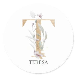 T Monogram Floral Personalized Classic Round Sticker