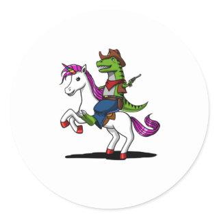 T-Rex Dinosaur Cowboy Riding Magical Unicorn Classic Round Sticker