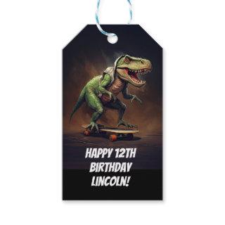 T-Rex Dinosaur Rising a Skateboard Birthday Party Gift Tags
