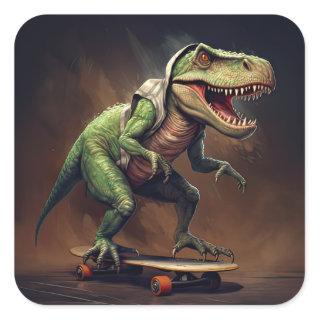 T-Rex Dinosaur Rising a Skateboard Birthday Party Square Sticker