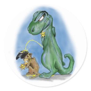 T-rex peeing on a monkey classic round sticker