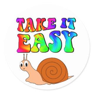 Take It Easy Cute Cartoon Snail With Groovy Text Classic Round Sticker