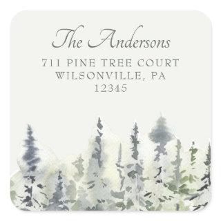 Tall Evergreens Watercolor Trees Return Address Square Sticker