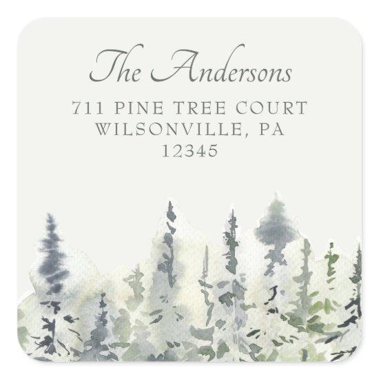 Tall Evergreens Watercolor Trees Return Address Square Sticker