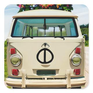 Tan Floral Retro Hippie Van Vintage Art Square Sticker