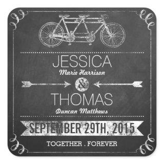 Tandem Bicycle Chalkboard Typography Wedding Square Sticker
