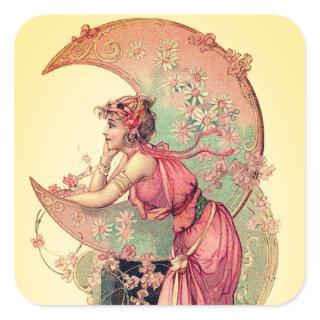 TAROTS/ LADY OF MOON WITH FLOWERS PINK YELLOW SQUARE STICKER