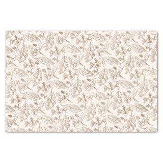 Taupe Brown Leaves Floral Pattern On Ivory Ecru Tissue Paper