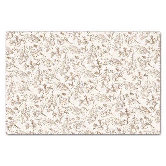 Taupe Brown Leaves Floral Pattern On Ivory Ecru Tissue Paper