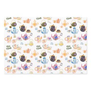 tea time pattern - tea cups and tea pot in  sheets