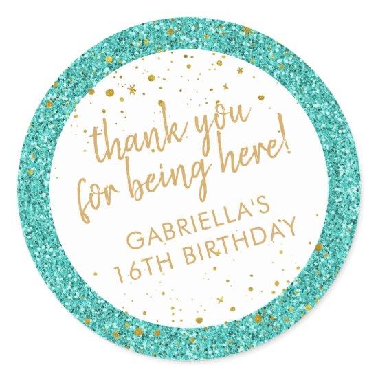 Teal and Gold Confetti Glitter Thank You Favor Classic Round Sticker