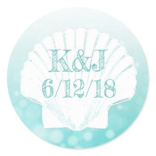 Teal and White Seashell Seaside Wedding Stickers