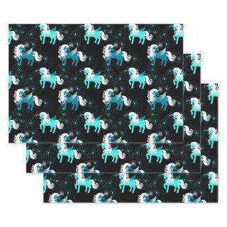 Teal and White Unicorns on Black  Sheets