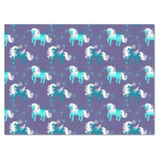 Teal and White Unicorns on Purple Decoupage Tissue Paper