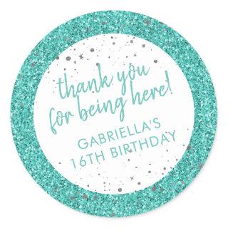 Teal Aqua Blue Glitter Thank You Birthday Favor Classic Round Sticker