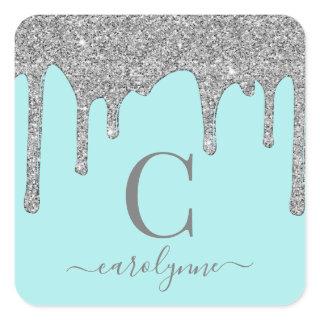 Teal Aqua Silver Sparkle Glitter Drips Monogram Square Sticker