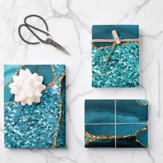 Teal Blue and Gold Faux Glitter Agate  Sheets