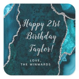 Teal Blue and Silver Agate Happy Birthday Square Sticker