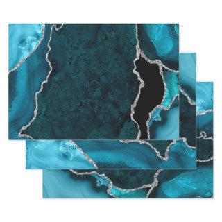 Teal Blue and Silver Faux Glitter Agate  Sheets