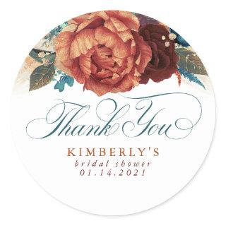 Teal Blue and Terracotta Floral Thank You Classic Round Sticker